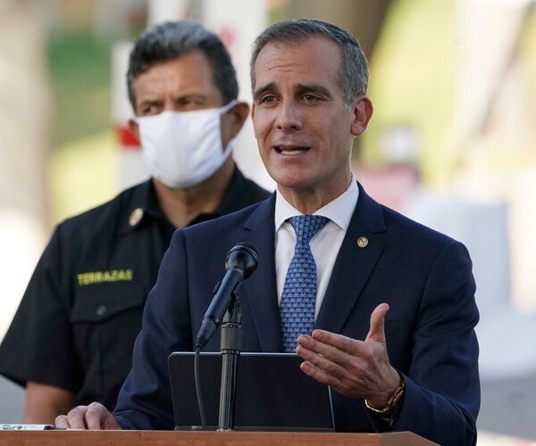 los angeles mayor eric garcetti speaks during a press conference