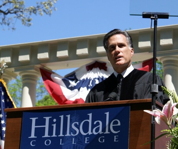 romney speaking outside at the hillsdale college commencement
