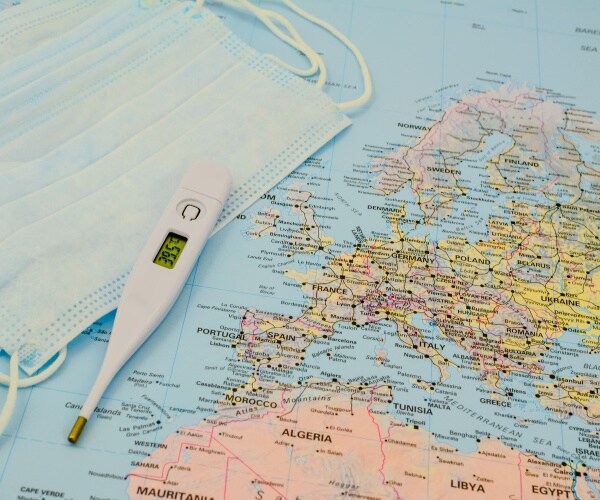 masks, thermometer, map of Europe