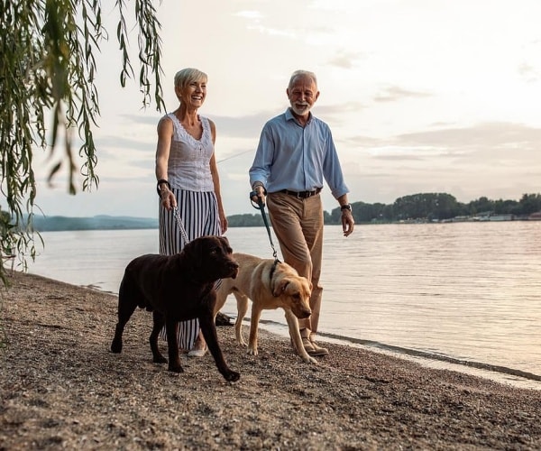 man and woman walking along a river with their dogs