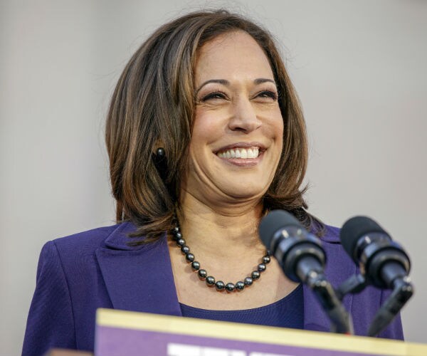 kamala harris is shown on the campaign trail, smiling in a blue suit