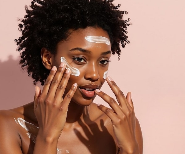 a woman applies sunscreen to her face