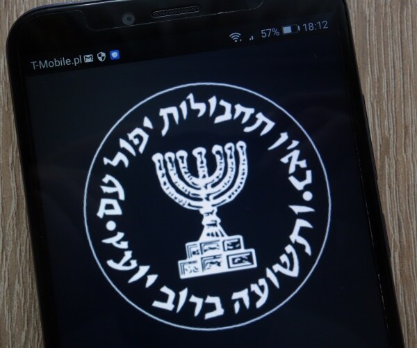 mossad, israeli secret intelligence service logo displayed on a modern smartphone