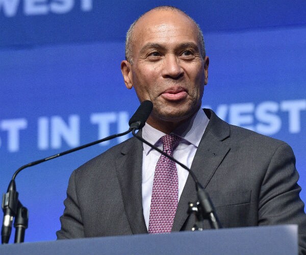 Deval Patrick in grey suit, dress shirt and tie speaks at the Bellagio Resort & Casino on in Las Vegas, Nevada.