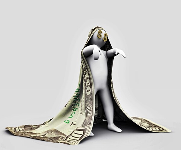 zombie man with one hundred dollar bill over his head and dollar sign eyes