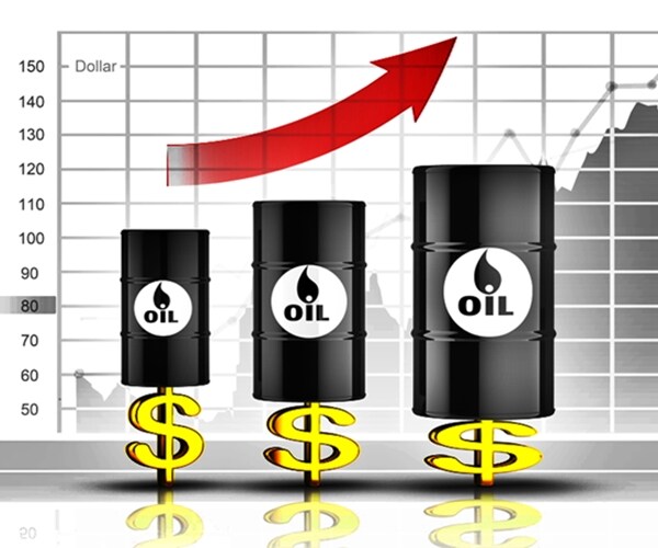3 black oil barrels on top of gold dollar signs increasing in size from left to right with upward arrow red arrow 