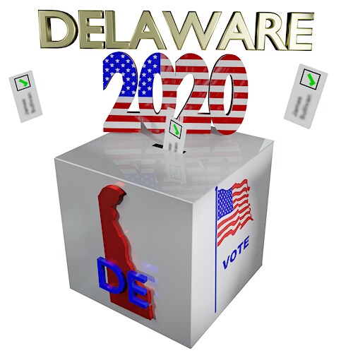 delaware election 2020 ballot box 3D illustration with state name, map shape and abbreviation