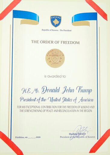 Kosovo Awards Trump with Order of Freedom for Peace Efforts