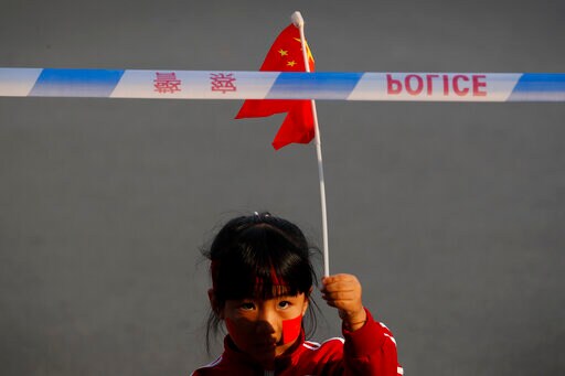 a little girl holds a flag
