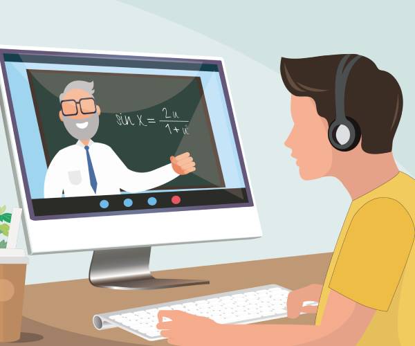 student sitting at a computer while a professor gives a lesson on the computer screen