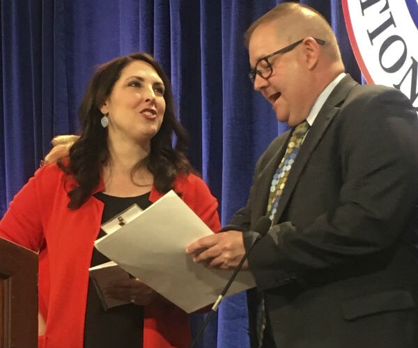republican national committee chairwoman ronna romney mcdaniel, left, speaks with Bob Paduchik, party co-chairman 