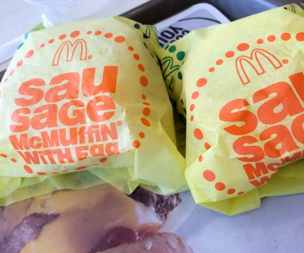 McDonalds sausage mcmuffin with egg in paper wrapper on tray table