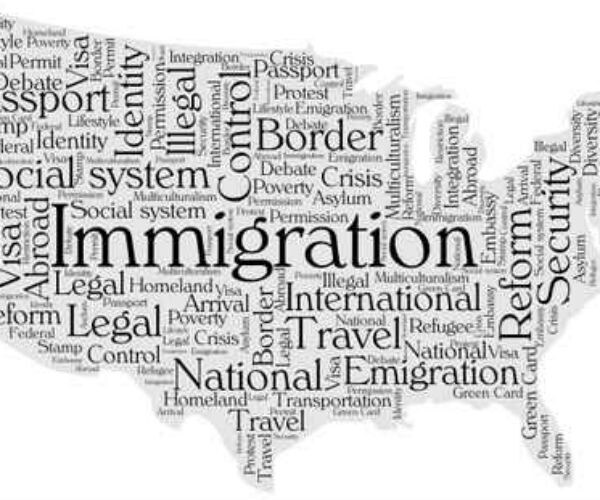 graphic shows the word immigration sketched out on a us map 