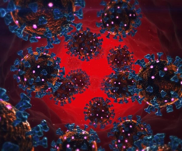 red and blue spiked coronavirus particles with a red background