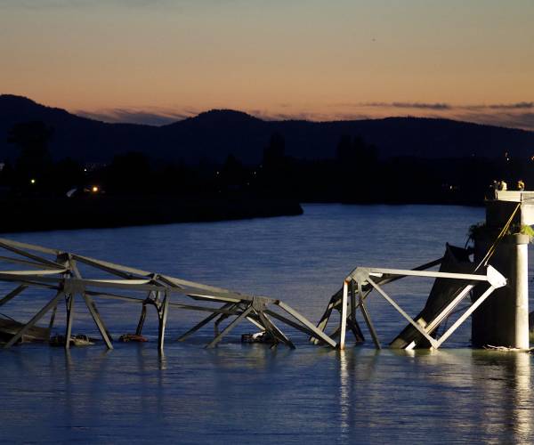 part of a bridge lying in the water