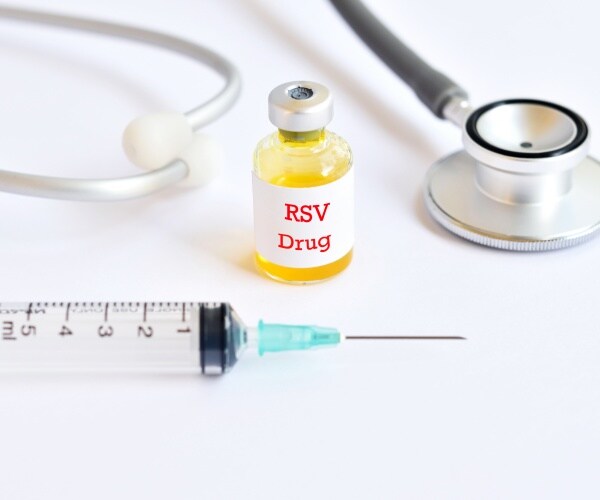 vial labeled 'RSV Drug', syringe, stethoscope
