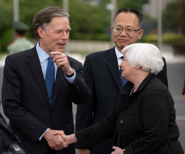Janet Yellen, Nicholas Burns, and Yang Yingming greet each other in Beijing