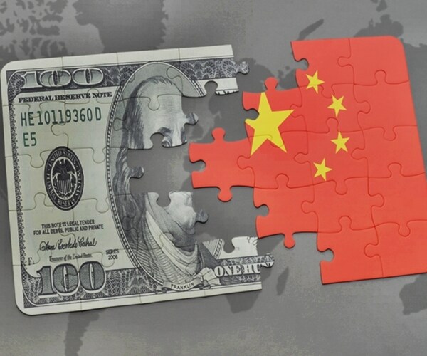 puzzle with the national flag of china and dollar banknote on a world map background. 