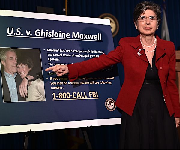 a prosecutor points to a placard referencing ghislaine maxwell's federal crimes