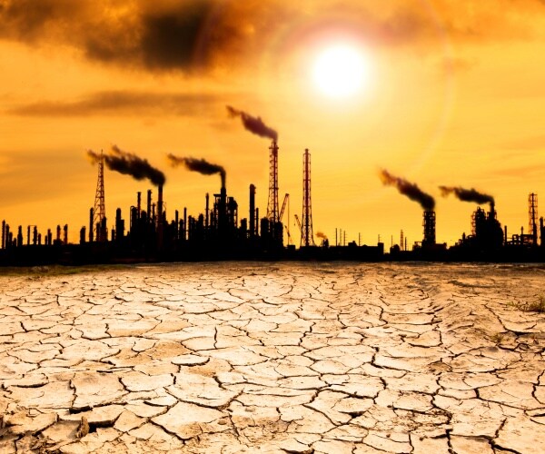 refinery with smoke in air, dry land, global warming