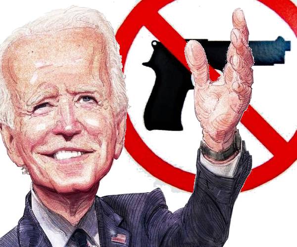 cartoon of joe biden with a sign banning guns behind him