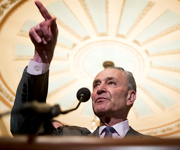 Senate Minority Leader Chuck Schumer points for the next questions during a news conference