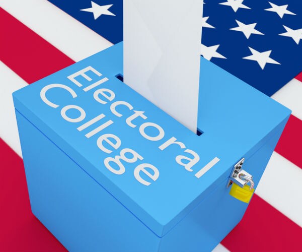 illustration of a ballot going into a ballot box labelled electoral college with an american flag in the background