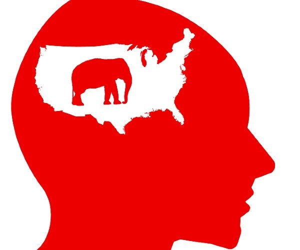 a republican elephant logo inside a map of the united states inside a persons head where the brain goes