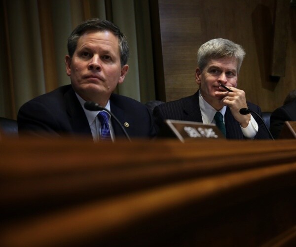 steve daines in a suit and blue tie sits next to bill cassidy in a teal tie smiling