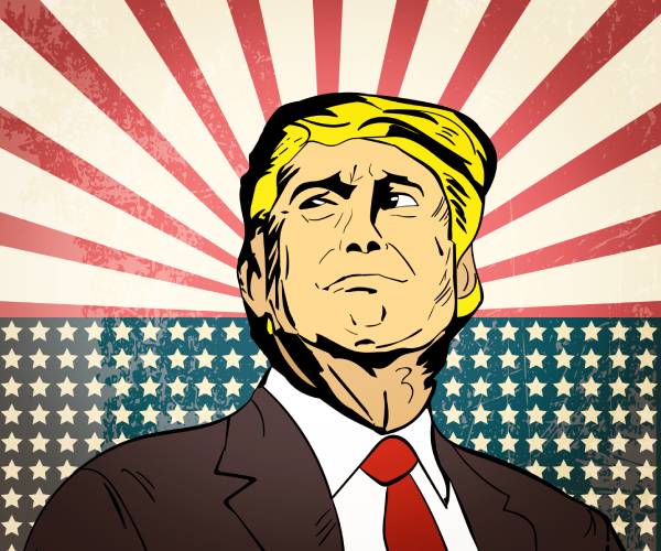 pop art of donald trump with stars and stripes beaming behind him