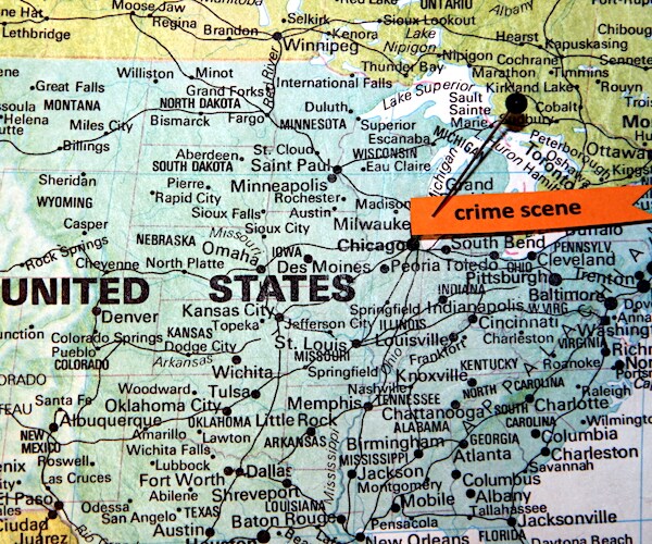a map of the united states with a pin stuck in chicago and saying crime rate
